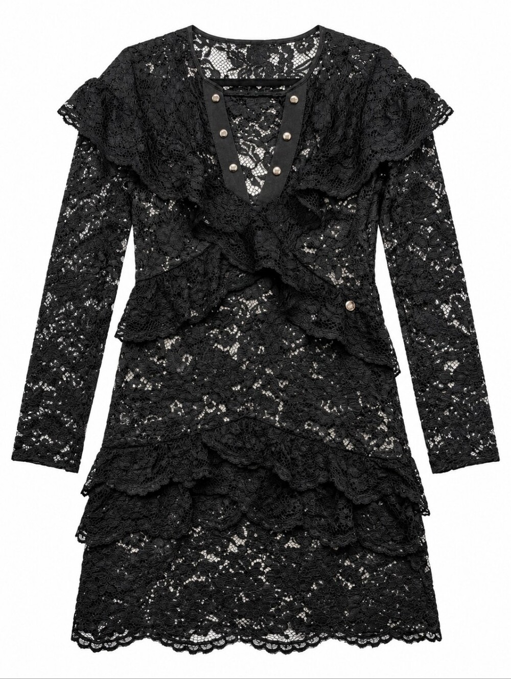 Black Lace Ruffle Long-Sleeve Midi Dress